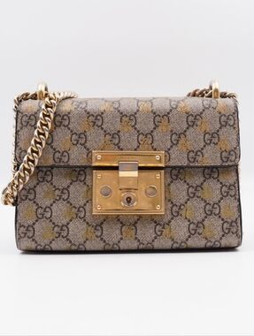 CG70 💗 GUCCI Bee Padlock Shoulder Bag GG Coated Canvas and Leather